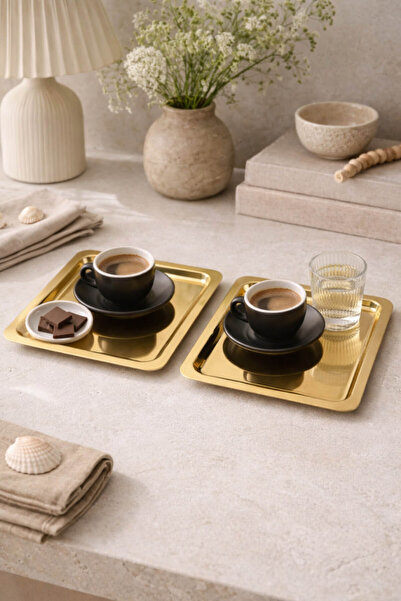 Anadolu Saray 2 Pieces Stainless Steel Square Gold Presentation Tray Luxury C...