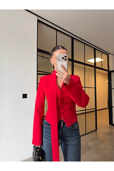 BB Bensu Buyruk Jacket with Vatkali Scarf Detail Red