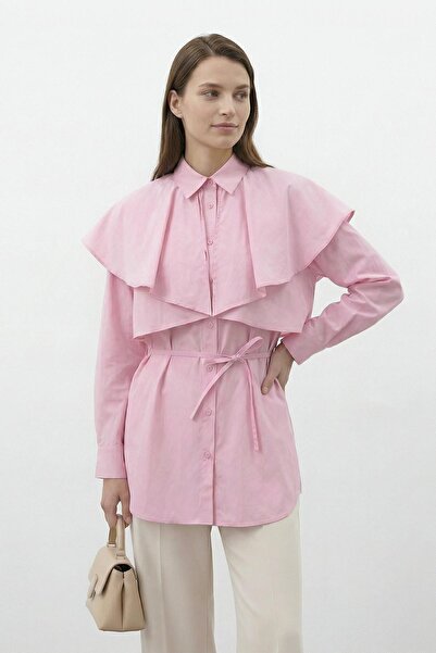Loreen Women's Shirt with Collar, Cape Detail, and Lace-Up - 20758Gml - Pink