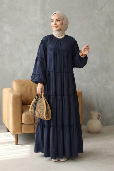 FERHEL Long Dress with Elasticated Sleeves and Tieable Waist, Layered Ruffle ...