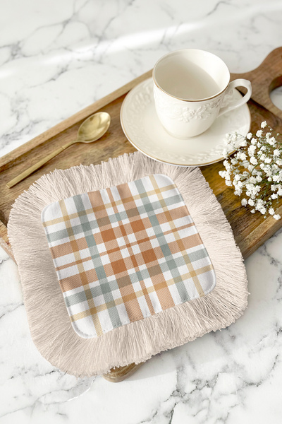 Evimde Bambaşka Luxury Square Plaid Fringed Presentation Napkin - Pastel Rust...