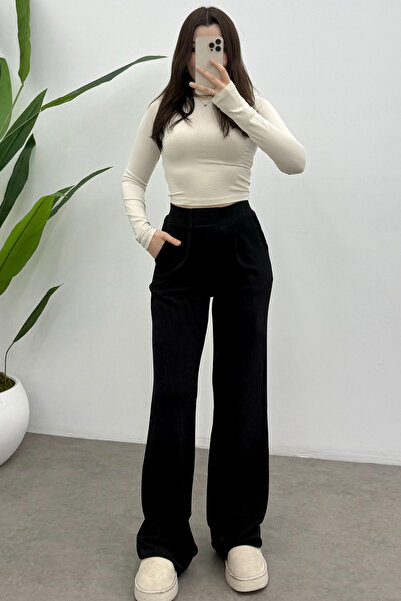 Bipantolon بنطلون بلازو نسائي أسود عالي الخصر مع تفاصيل إغلاق بسحاب