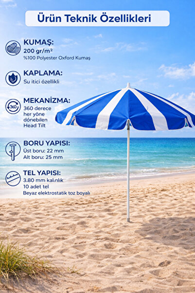 Branda Noktası 360 Derece Dönebilen Head Tilt Plaj Şemsiyesi 200 gr/m² Polyes...