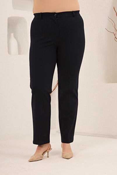 RMG Beli Lastikli Büyük Beden Gabardin Geniş Paça Pantolon Lacivert