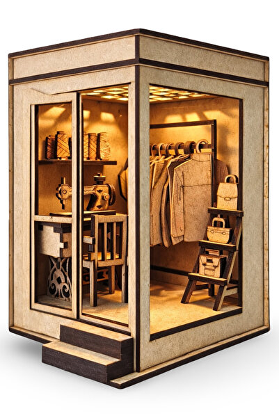 ALGWOOD Ahşap Terzi Atölyesi Maketi LED Işıklı Dekoratif Mini Atölye Modeli 7...