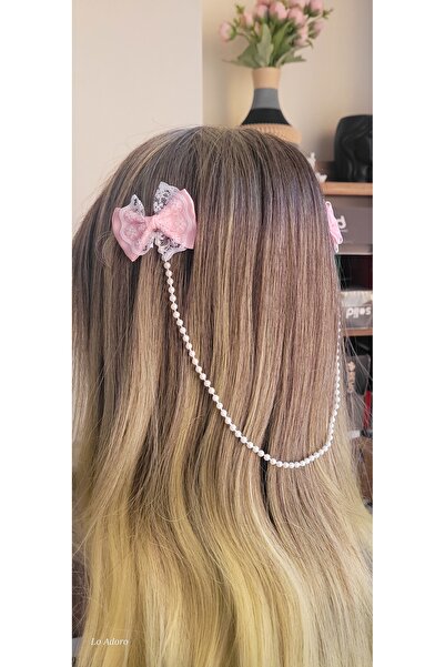 LO ADORO Cataramă cu fundă cu perle pentru fete, cu fundă din guipură, cu pan...