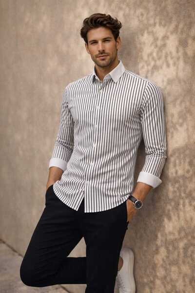 Louis Fabel Collar and Cuffs White Striped Long Sleeve Men's Shirt