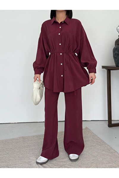 02Lady Fashion Soft Textured Buttoned Shirt and Trousers Set with Tie Detail