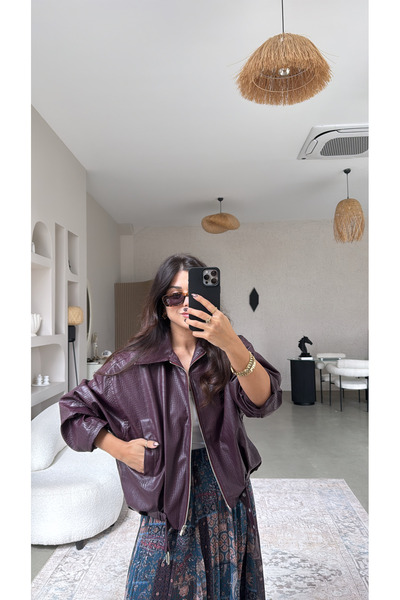 Buket Teke Plum Crocodile Leather Jacket