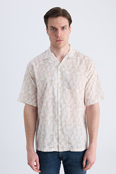 D'S Damat Πουκάμισο Ds Damat σε χαλαρή γραμμή, μπεζ με στάμπα, 100% βαμβάκι