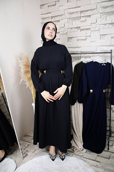 MODA ZÜHRA Gold Detaylı Belden Bağlamalı Doble Kumaş Elbise