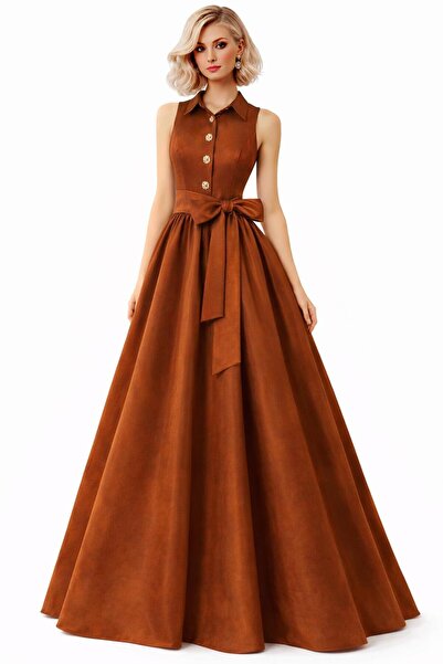 ALYEL NAKER Sleeveless & Belted Maxi Taffeta Stylish Shirt Dress