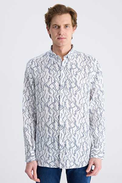 D'S Damat Ds Damat Comfort White Printed 100% Linen Shirt