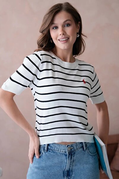 Park Karon Women's Crew Neck Striped Knitwear Sweater 10187.Vsc