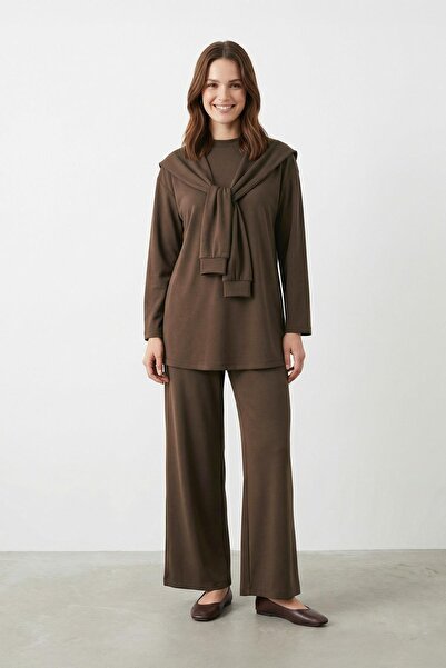 Puane Women's Crew Neck Relaxed Fit Pantsuit - 14460Tks - Brown