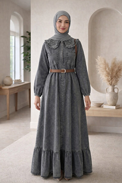 Kirazgym Rochie din denim cu guler și curea, cu fermoar, fustă cu volane, roc...