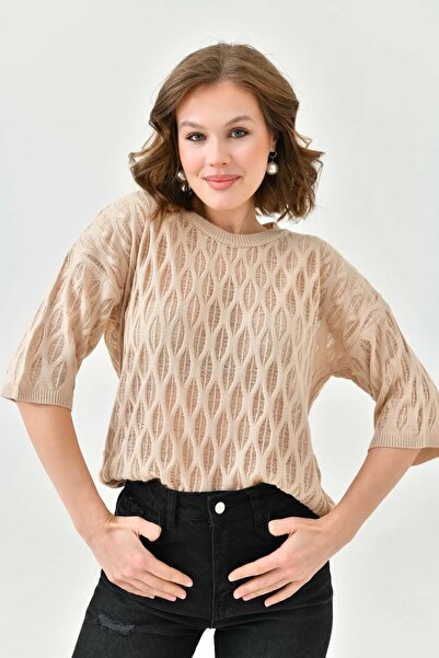 Park Karon Women's Crew Neck Knit Detail Patterned Oversize Knitwear Sweater ...