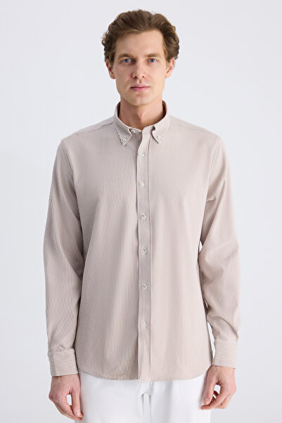 D'S Damat Ds Damat Regular Fit Beige Striped Patterned Cotton Shirt