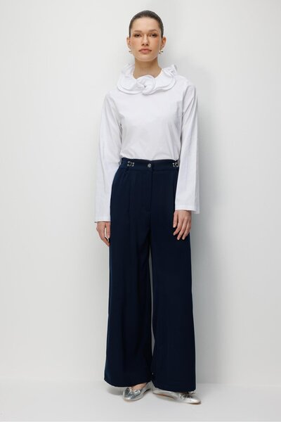 Mixray 4792 women's overlap hook detailed flowy trousers navy blue