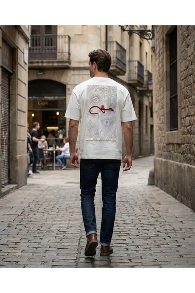 SAW Urbanity Unisex Red Hak Embroidered Ethnic Carpet Motif 100% Cotton Oversize White T-Shirt