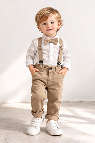 Chicsy Baby Erkek Bebek Askılı Pantolon Takım Papyonlu Şık Çocuk Kombin