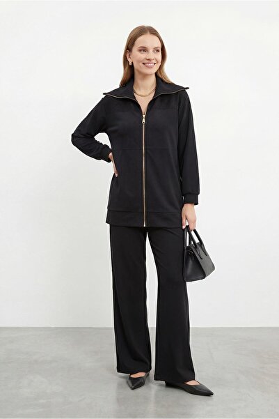 Puane Women's Wide Collar Zippered Premium Double Suit -14421Tks - Black