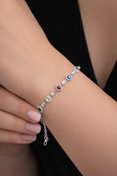 Store Özel Tasarım Kalp Taşlı Bileklik Rengarenk Gümüş
