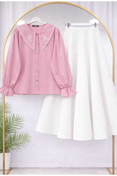 MODA VEDAT Women's Collar Embroidered Shirt - Puff Scuba Skirt Set -520