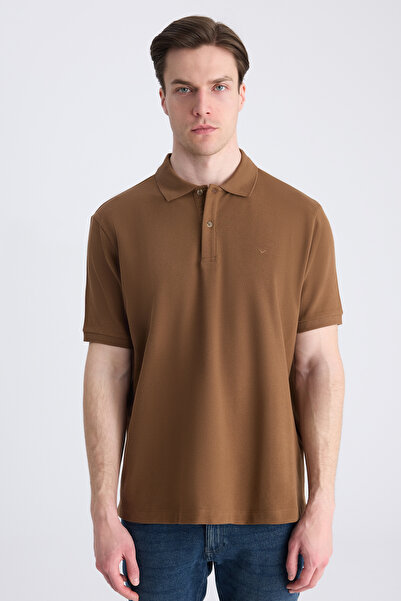 D'S Damat Ds Damat Regular Fit Brown Pique Textured 100% Cotton T-Shirt