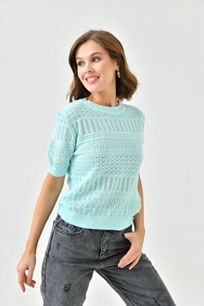 Park Karon Women's Crew Neck Knit Detail Openwork Knitwear Sweater 10698