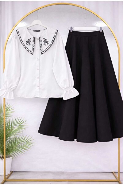 MODA VEDAT Women's Collar Embroidered Shirt - Puff Scuba Skirt Set -520