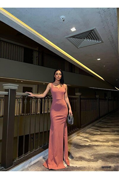 Modafeminen Gülkurusu Kuzey Yaka V Detailed Slit Evening Dress 582840