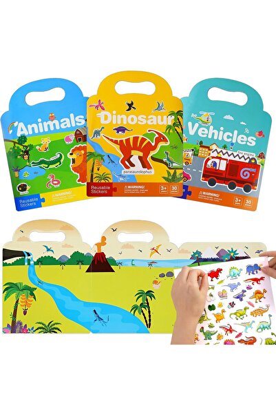 Other Reusable Sticker Book Set - Dinosaurs Vehicles Animals - 3 pcs, 90 Stic...