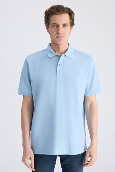 D'S Damat Ds Damat Regular Fit Blue Pique Textured 100% Cotton T-Shirt