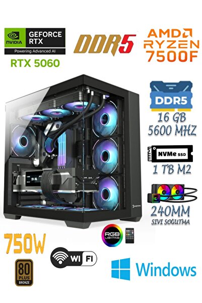 Apphirex PRİME 75X Ryzen 5 7500F|16GB DDR5 RAM|1TB NVME SSD|RTX5060 Sıvı Soğu...