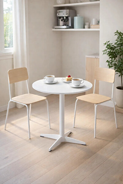 MARIA HOMES White Round Bistro Table 70cm Wooden Top Metal Leg for Modern Kit...