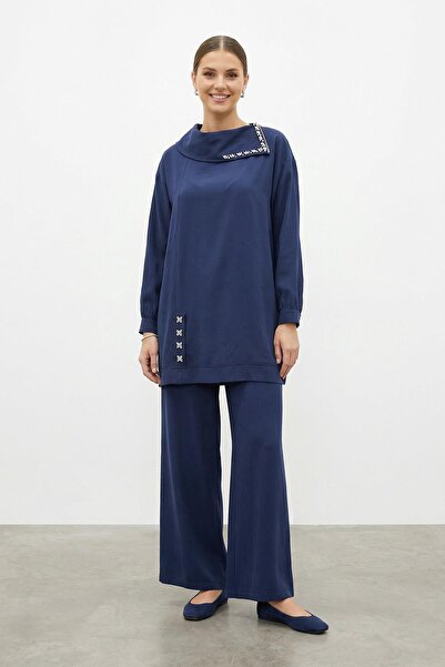 Puane Women's Degaje Collar Stone Detailed Tunic Trousers Set - 14448Tks - Navy