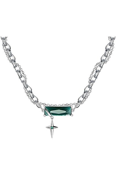 Other Unisex Silver Chain with Green Crystal - Metal Alloy, Minimalist Style ...