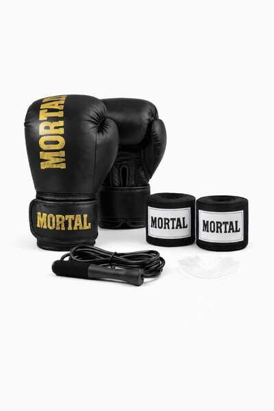 MORTAL SPORT Boks Eldiveni Kırmızı Siyah Gold + Boks Bandajı + Dişlik + Atlam...