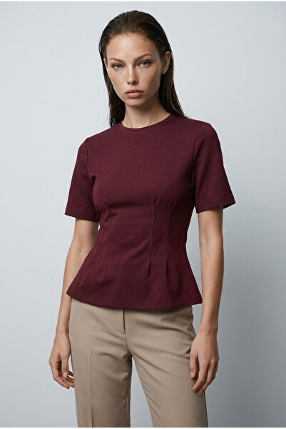 Madmext Burgundy Women's Crew Neck Basic T-Shirt Mg2670