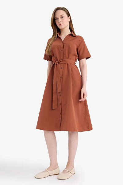 DeFacto A-Line Poplin Midi Burgundy Women's Dress E7114Ax/Br228