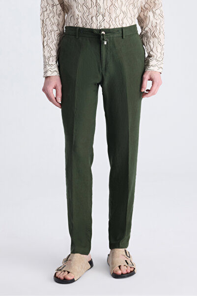 D'S Damat Ds Damat Slim Fit Khaki Plain 100% Linen Jogger Trousers