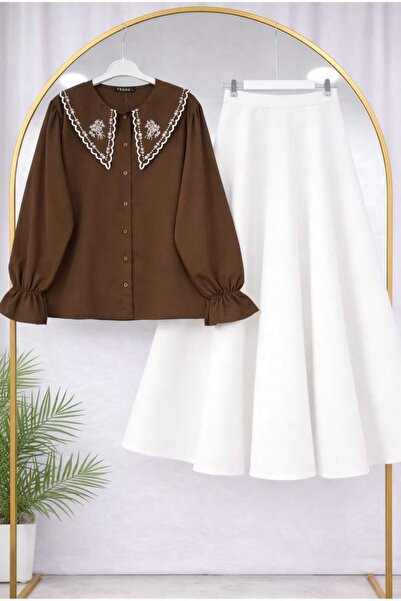 MODA VEDAT Cămașă brodată cu guler pentru femei - Set cu fustă Puff Scuba -520
