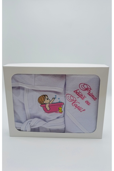 MOOKODI "First Bath with the Godparents" set - bathrobe and towel, pink girl