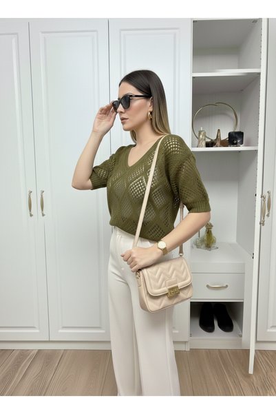 TUMA Bluză tricotată cu decolteu în V și detalii transparente, tricou elegant de vară