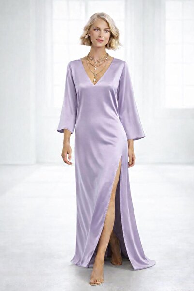 ALYEL NAKER V-Neck & One-Side Deep Slit Maxi Regular Satin Dress