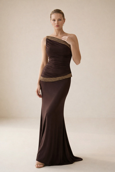 Setre Brown Strapless Stone and Drape Detailed Full-Fit Long Evening Dress
