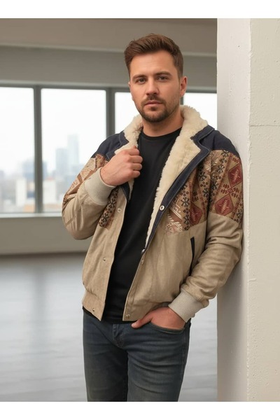 CANMODA (7815) Recien Unisex Fur Collar Vintage Aztec Jacket Oversize 90S Coa...