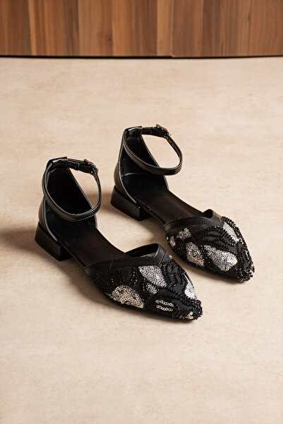 Yula Fashion Shoes Sequin Embroidered Women's Stylish Ankle-Strap Ballerinas