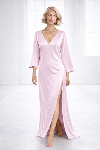 ALYEL NAKER V-Neck & One-Side Deep Slit Maxi Regular Satin Dress